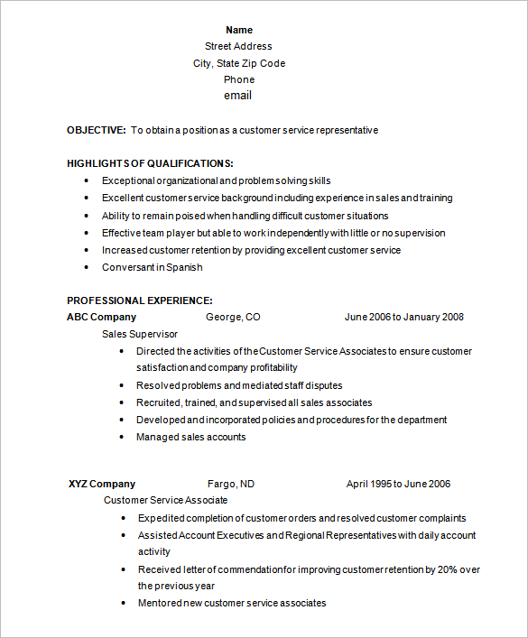 Customer Service Representative Resume