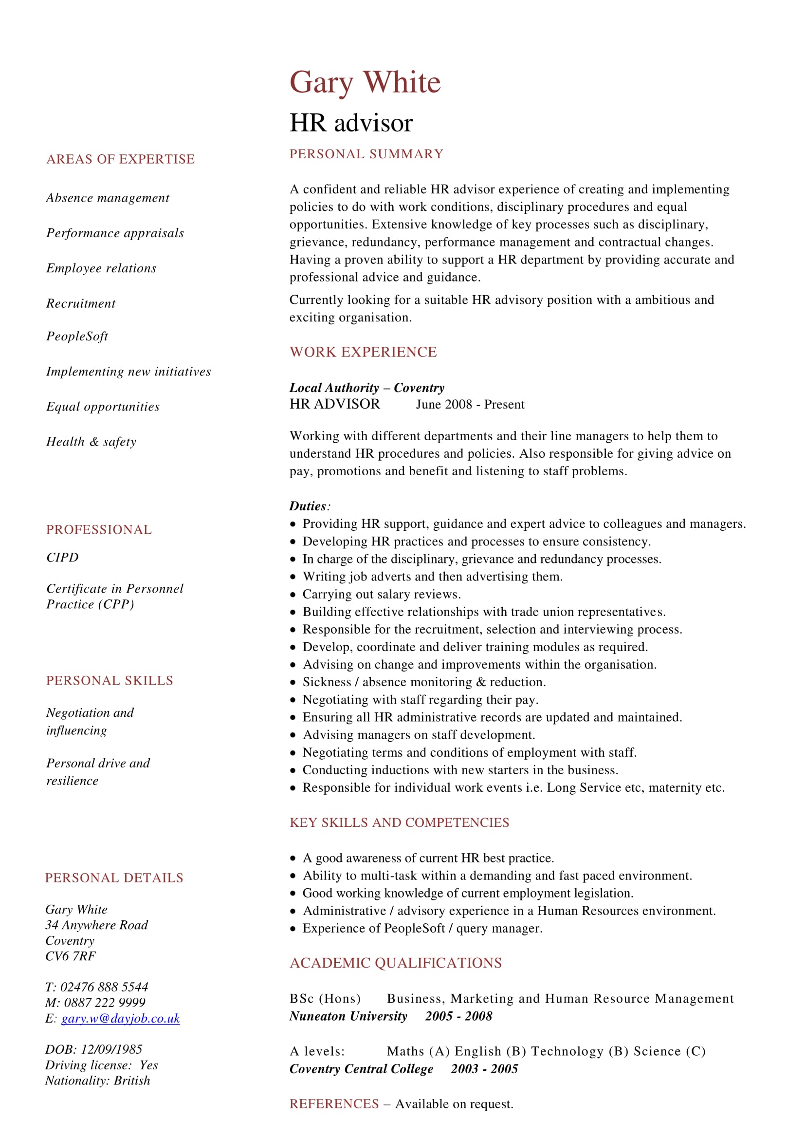 HR advisor resume