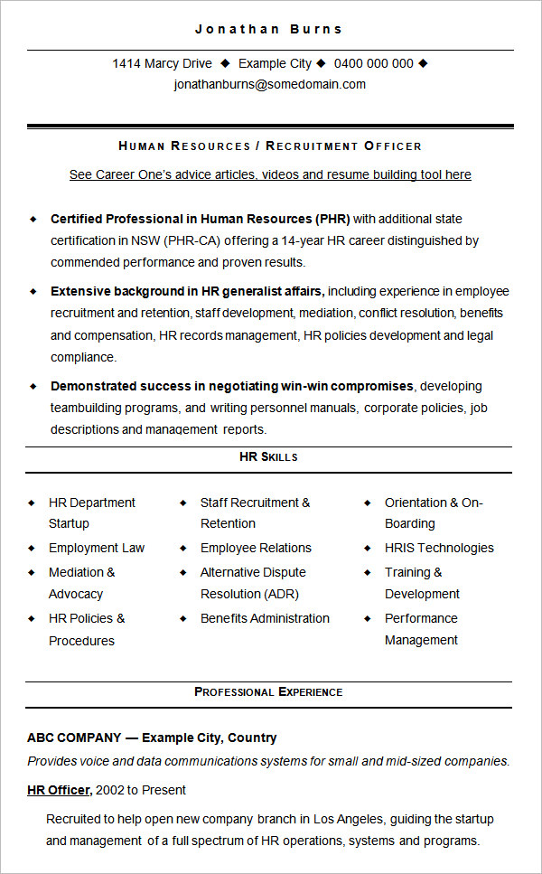 resume template for hr freshers