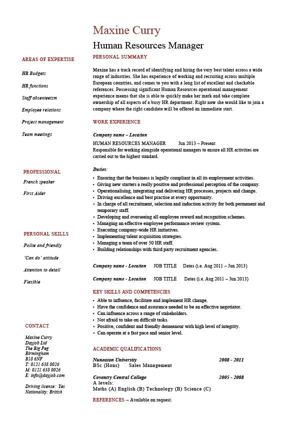 resume for hr manager