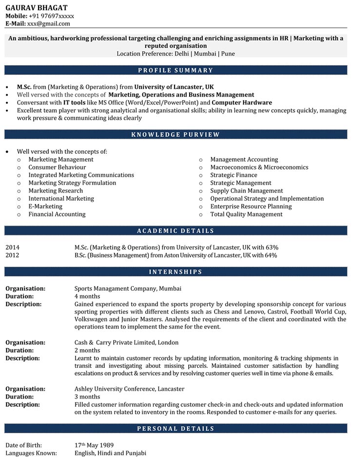 resume template for hr internship