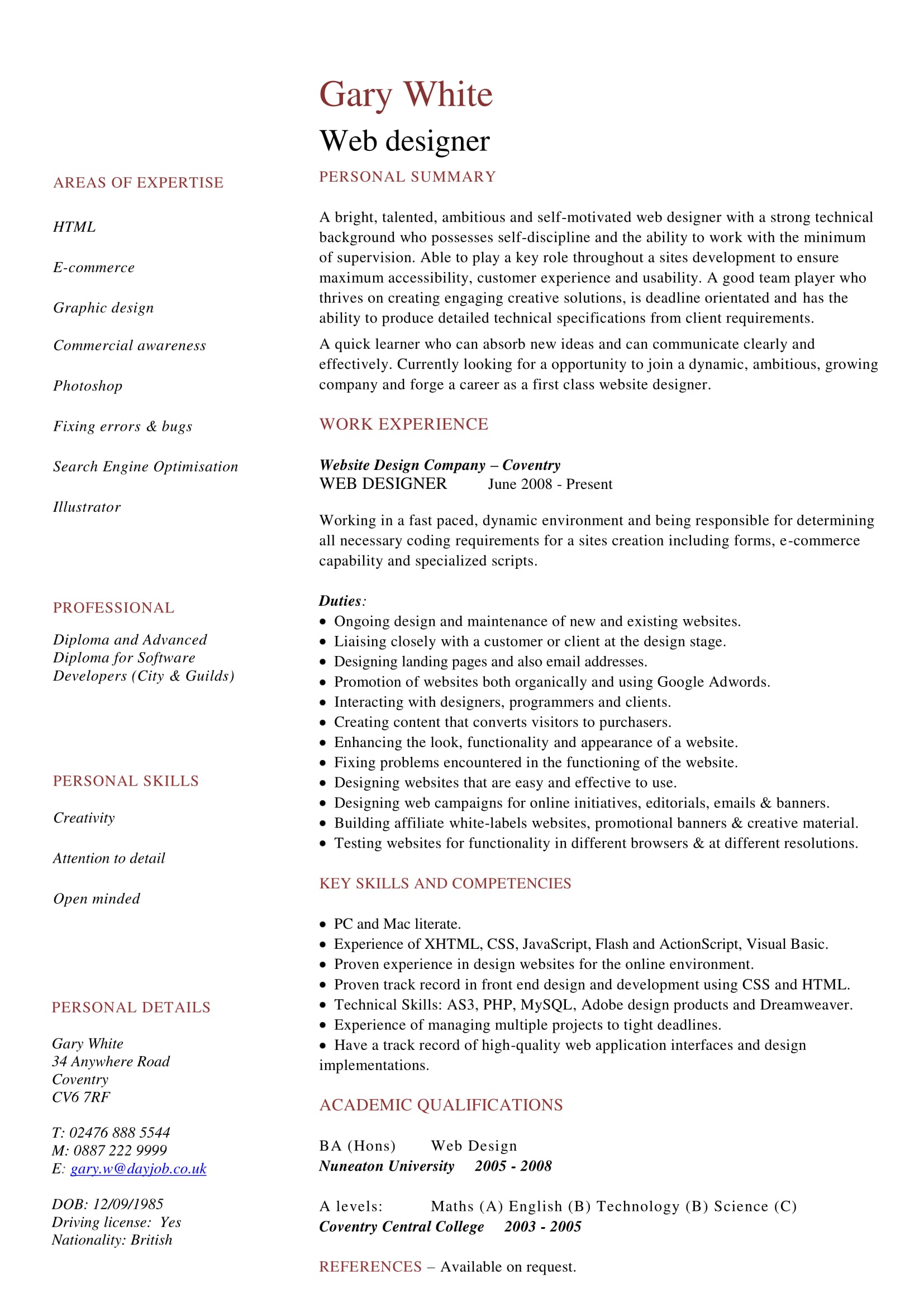 web designer cv