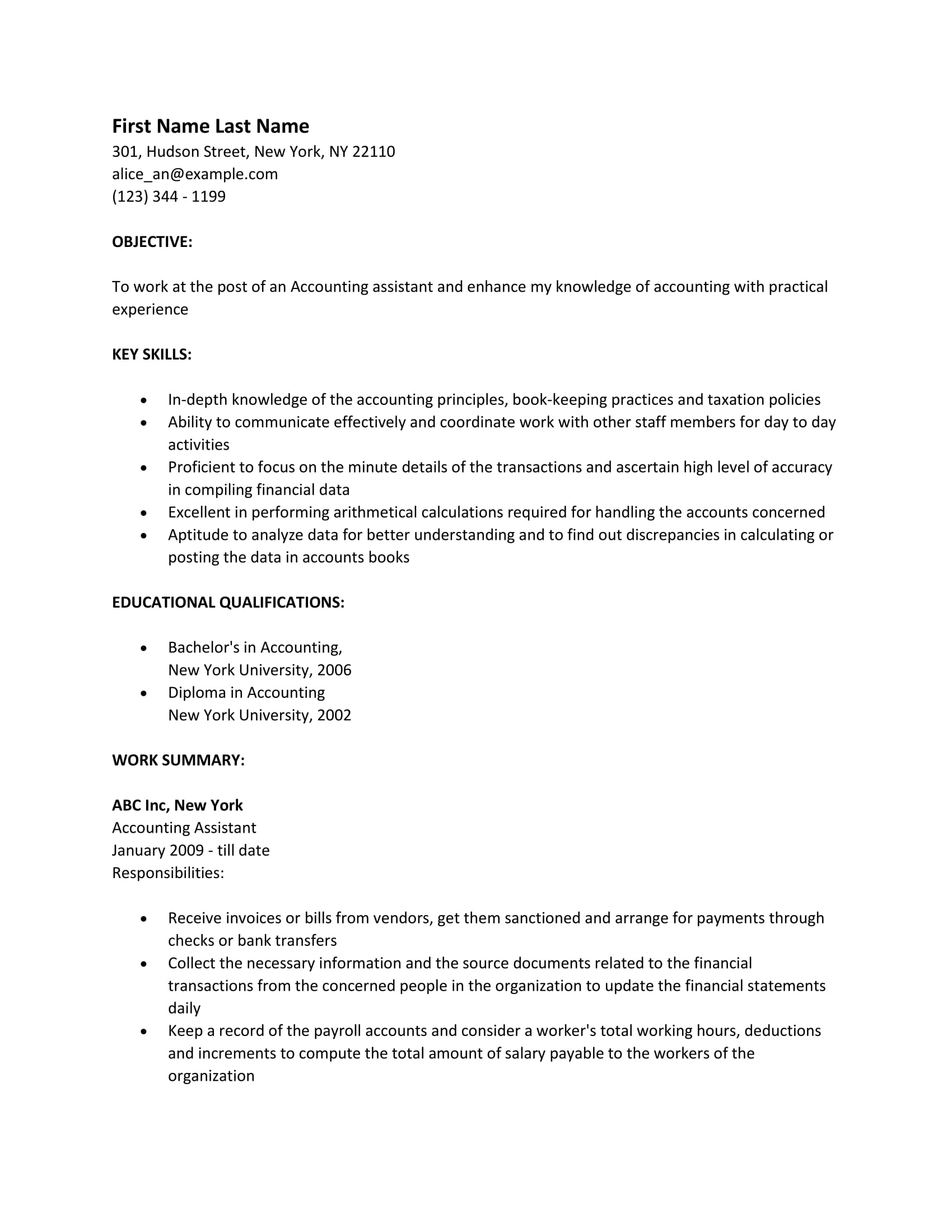 accounting assistant resume example