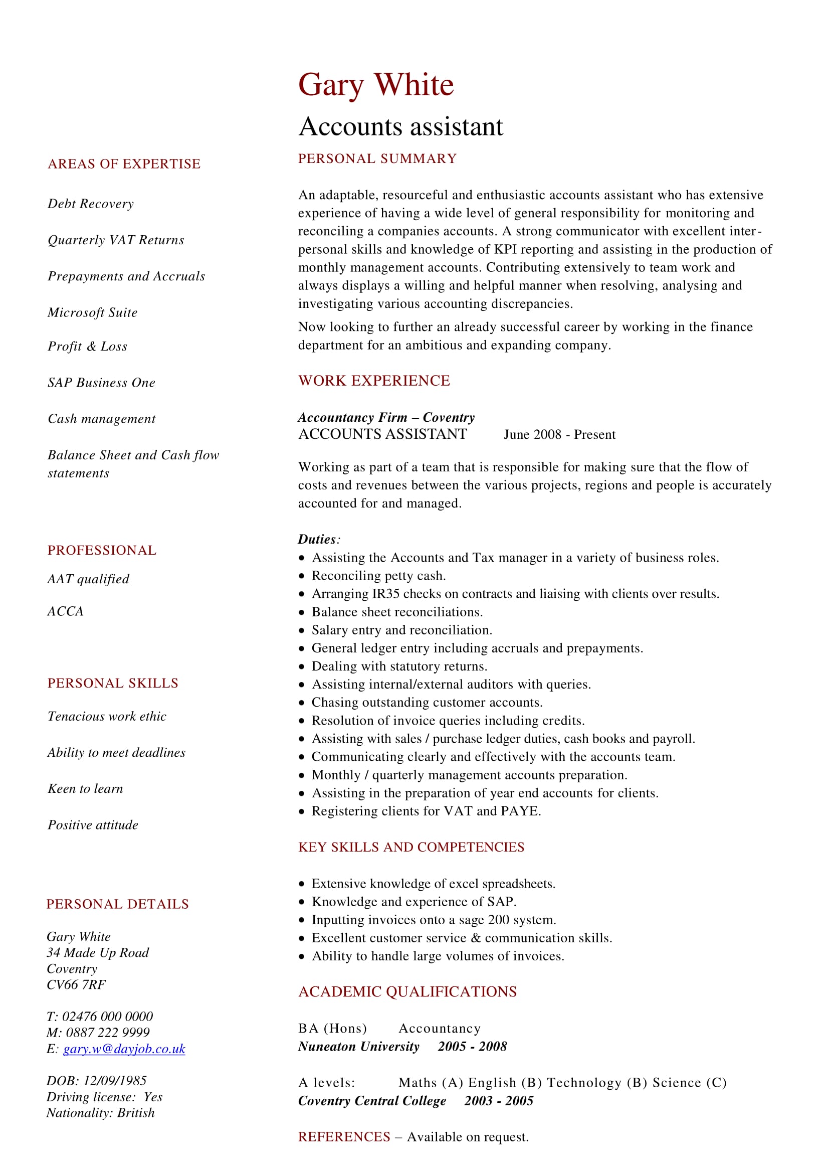 accounts assistant cv template