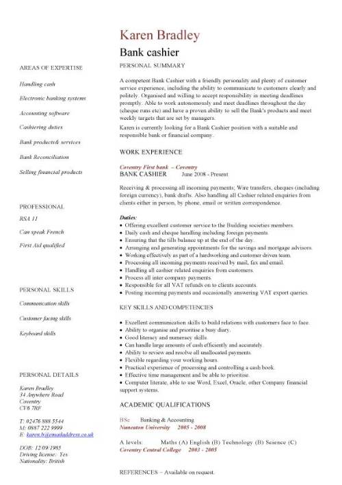 bank cashier resume