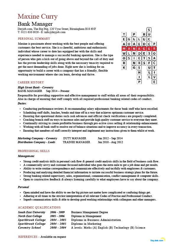 bank manager resume template