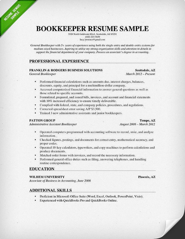 bookkeeper resume sample