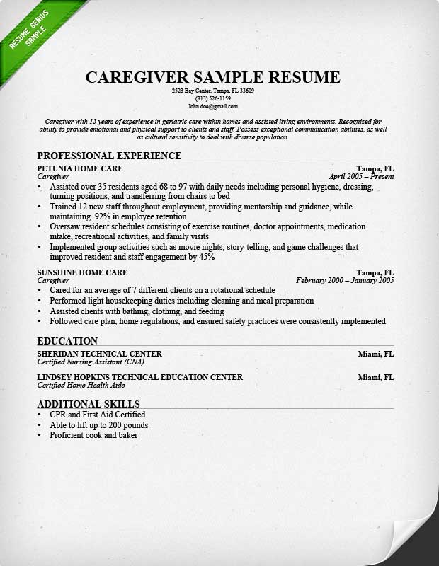 caregiver resume sample