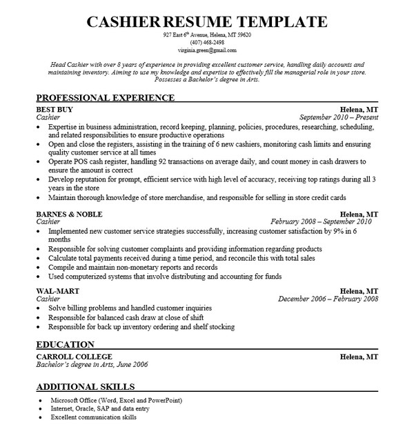 cashier sample resume