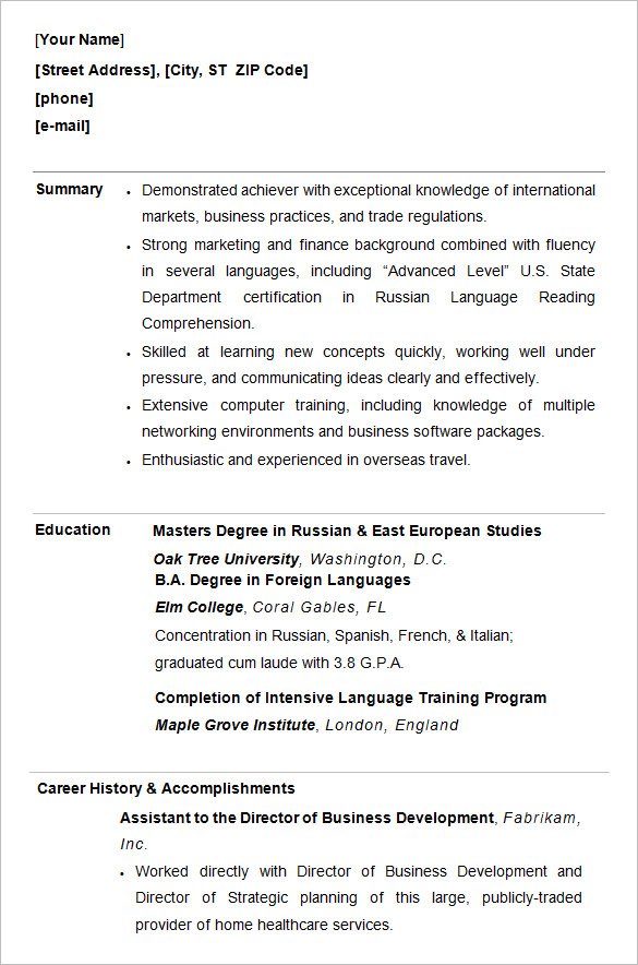 professional resume examples for college students