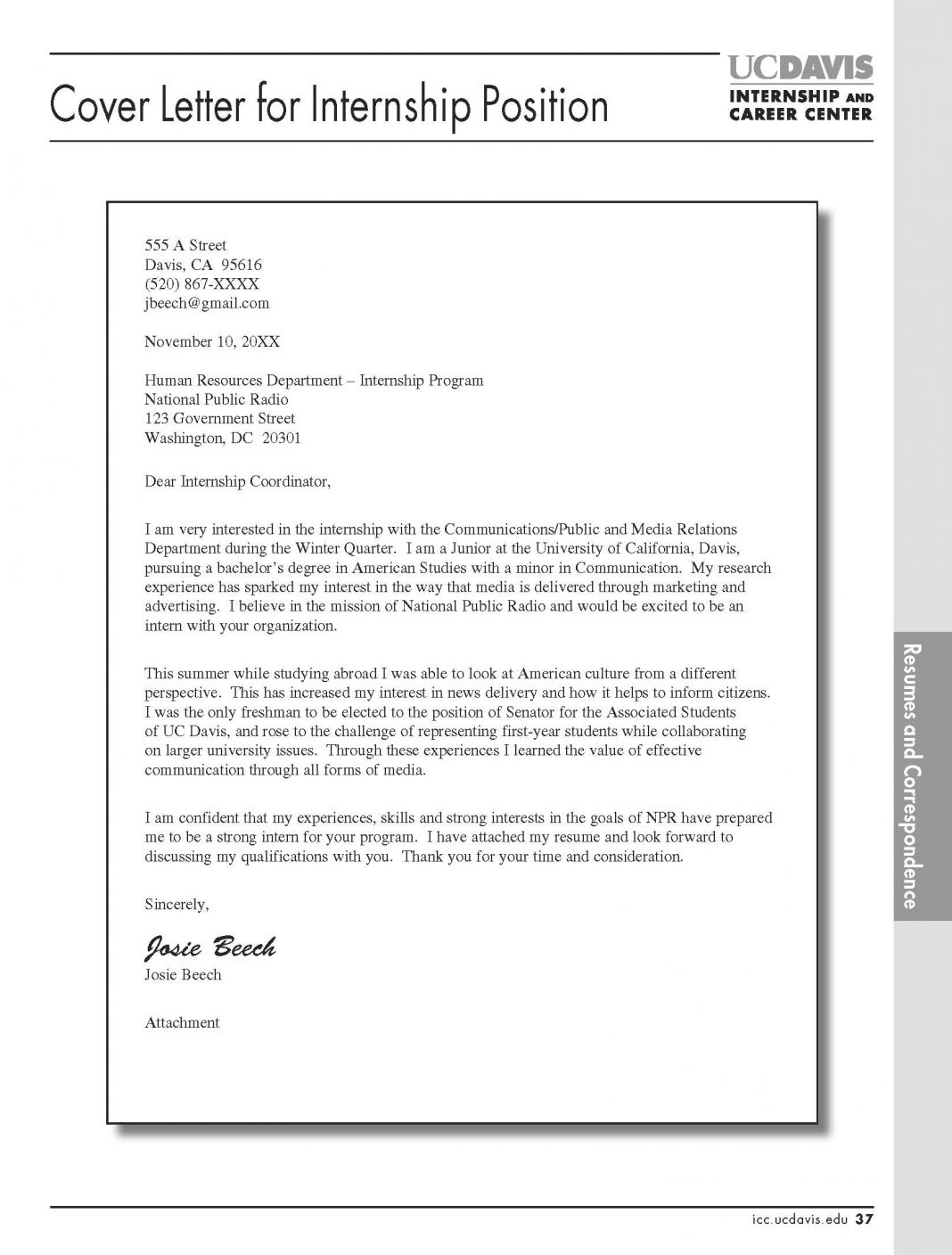 cover letter student internship example