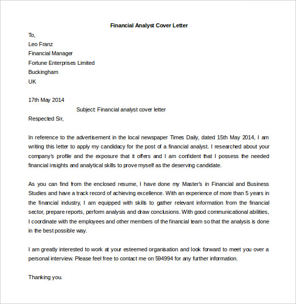 financial analyst cover letter template