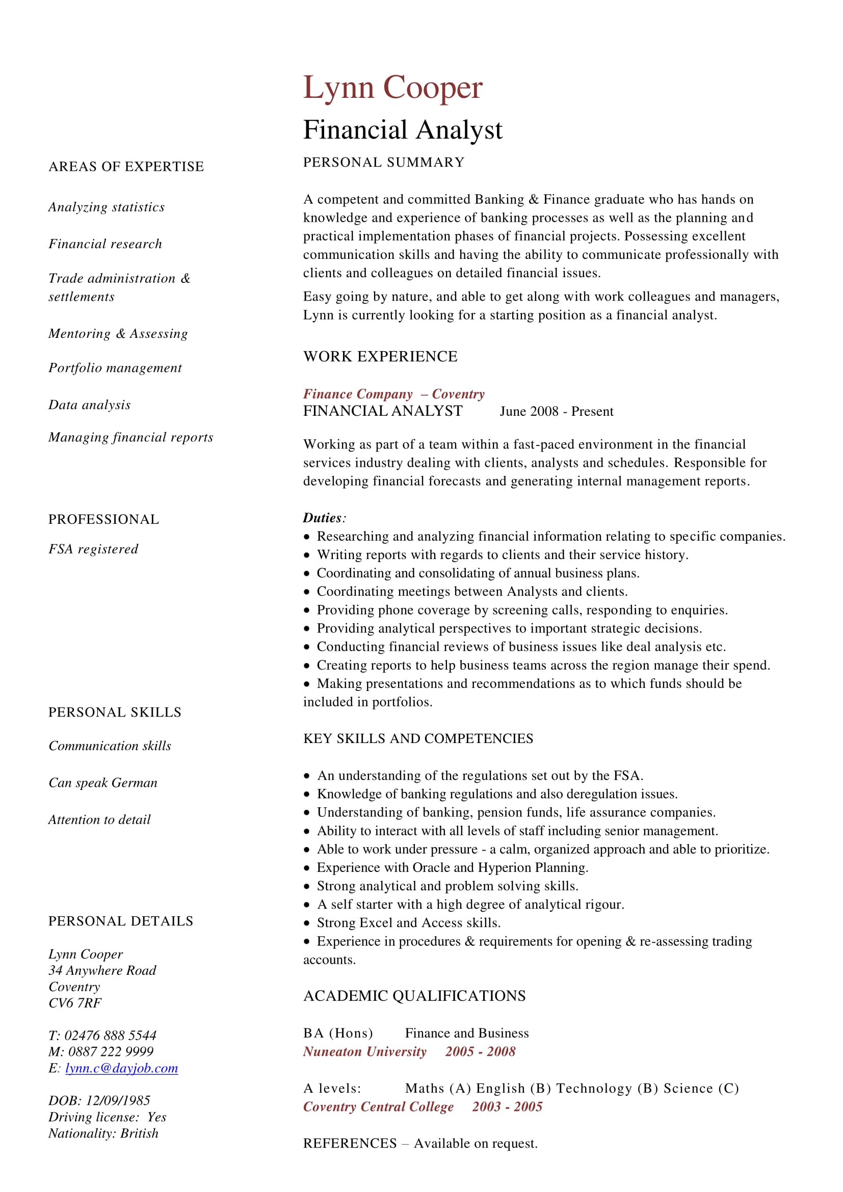 professional finance manager resume template