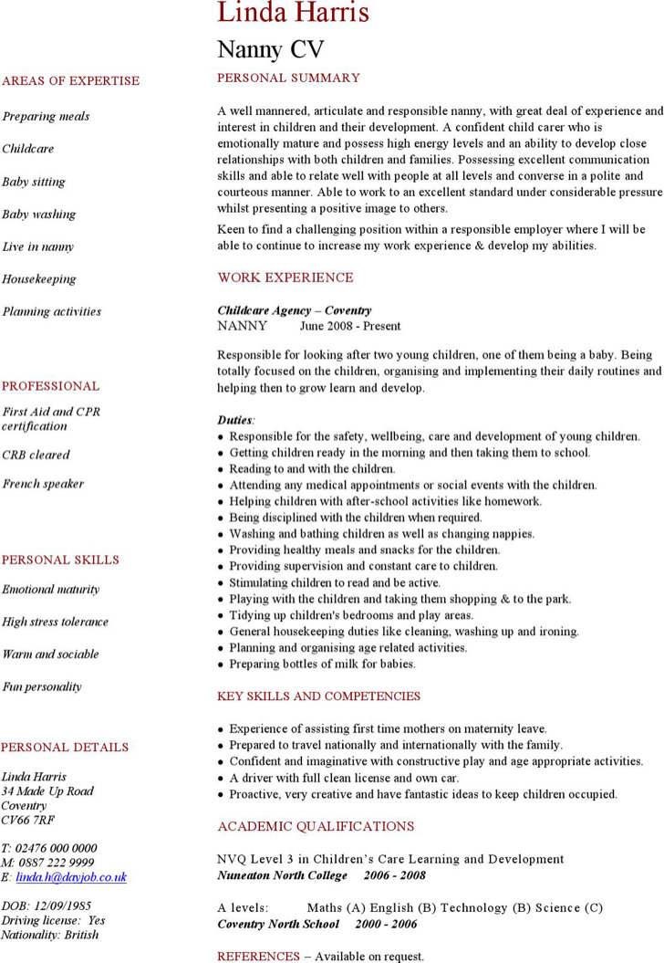 full time nanny resume