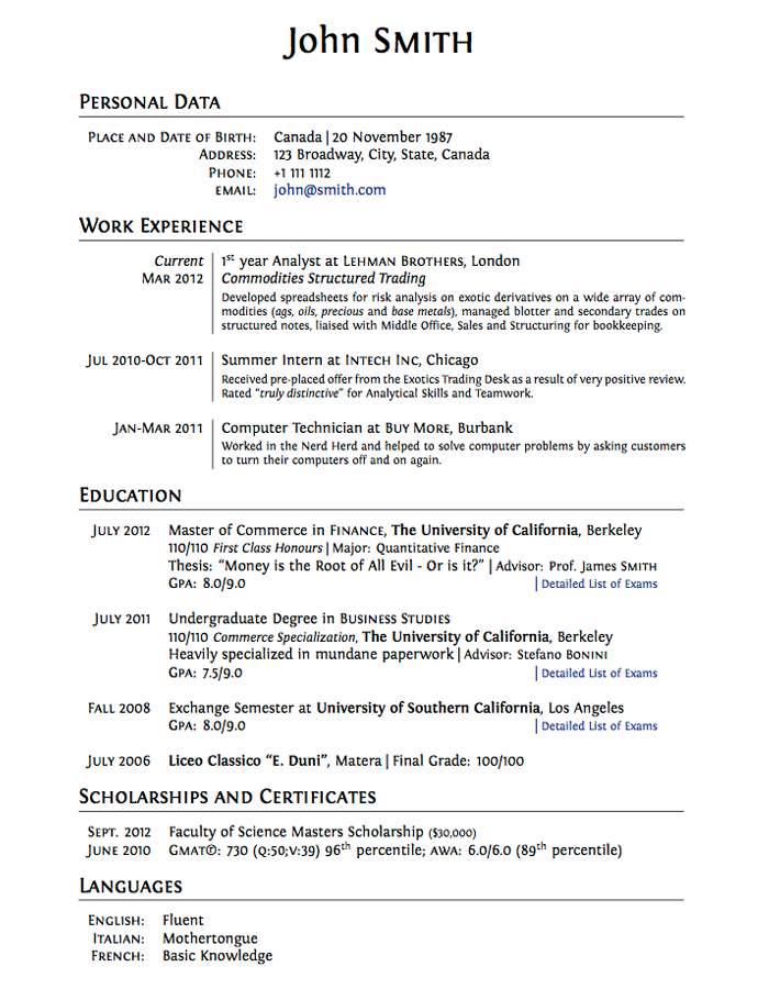 tabular form cv online