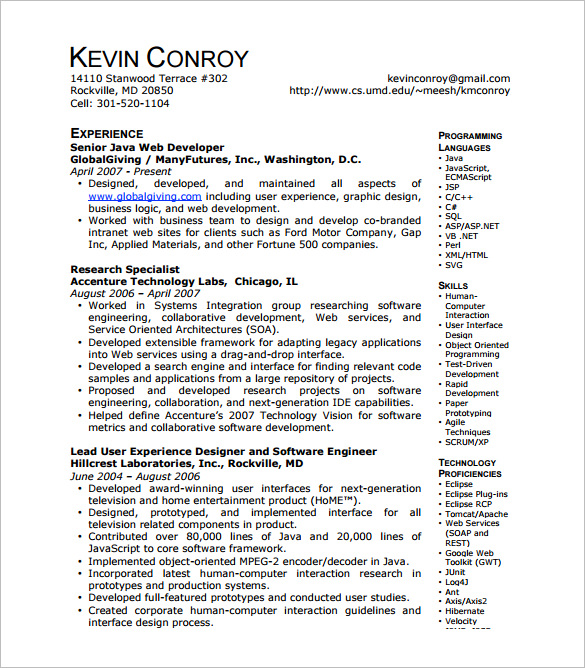 java web developer resume