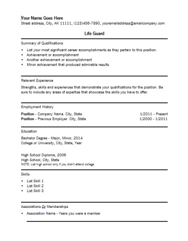 resume format for lifeguard job