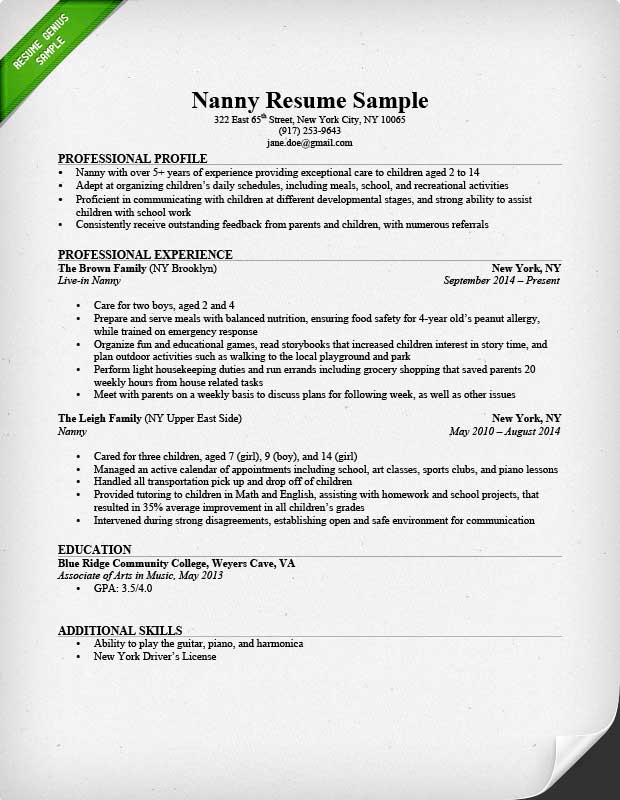 Professional Nanny Resume Sample