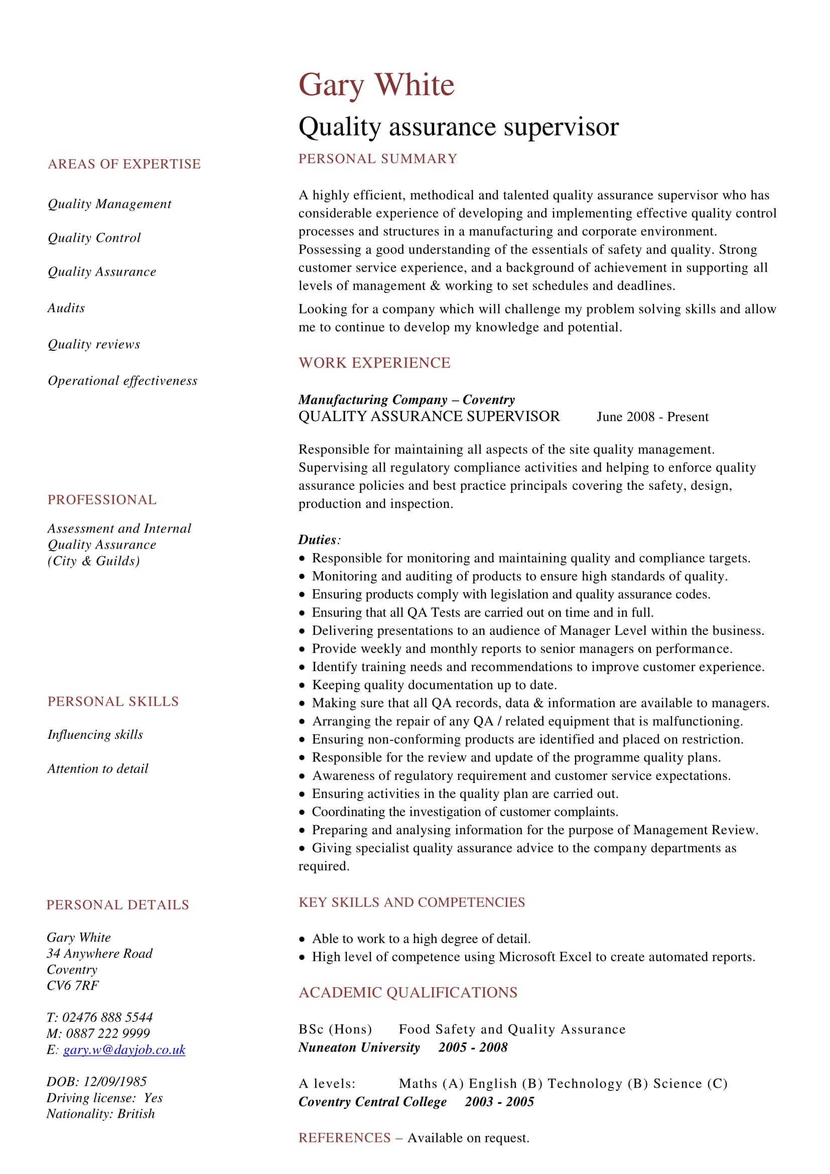 control for quality sample curriculum vitae Assurance Quality Sample Awesome Templates Resume 14