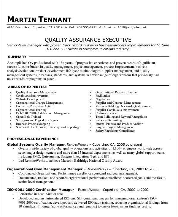 quality assurance executive resume