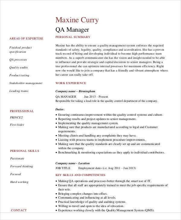 quality assurance manager resume