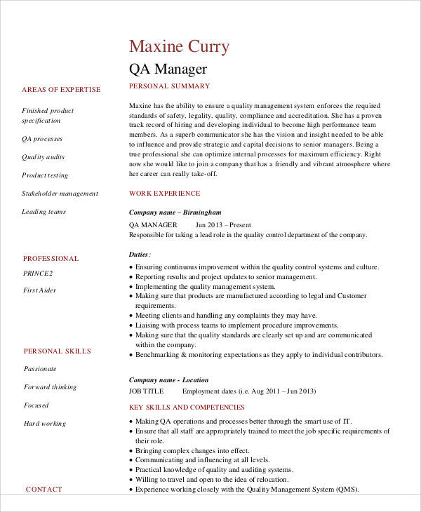 Quality Assurance Manager Resume Examples