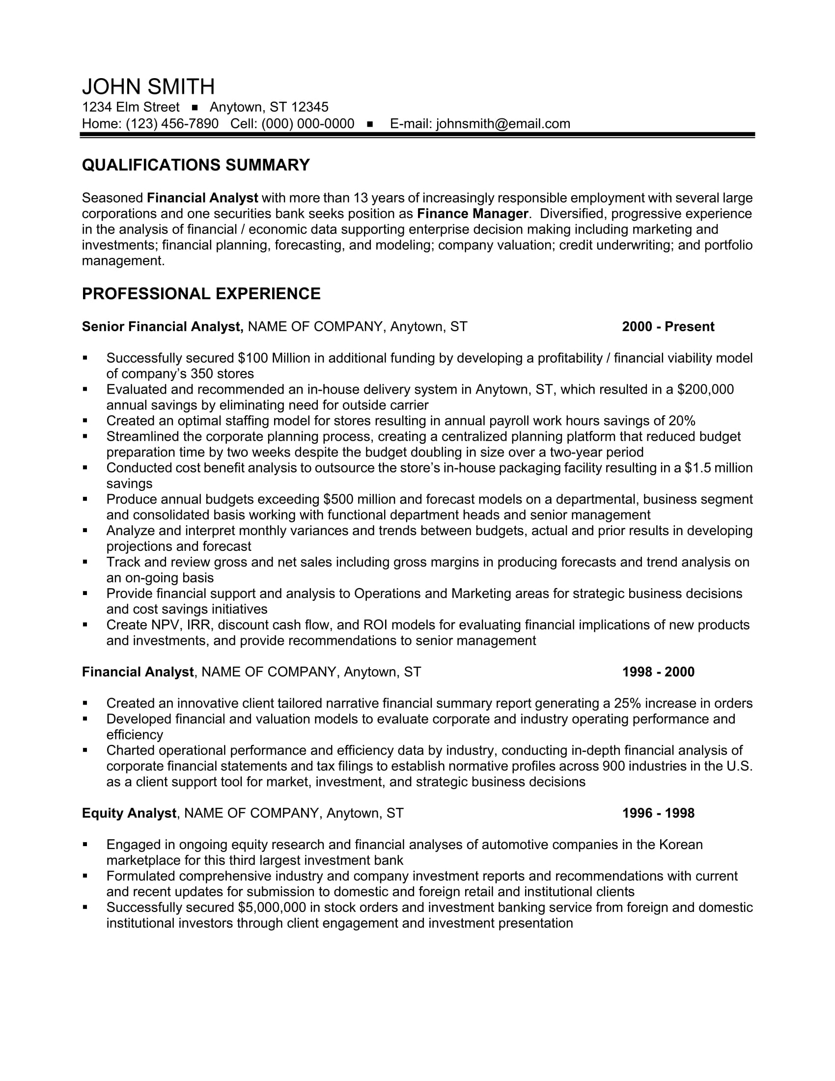 resume samples for financial analyst