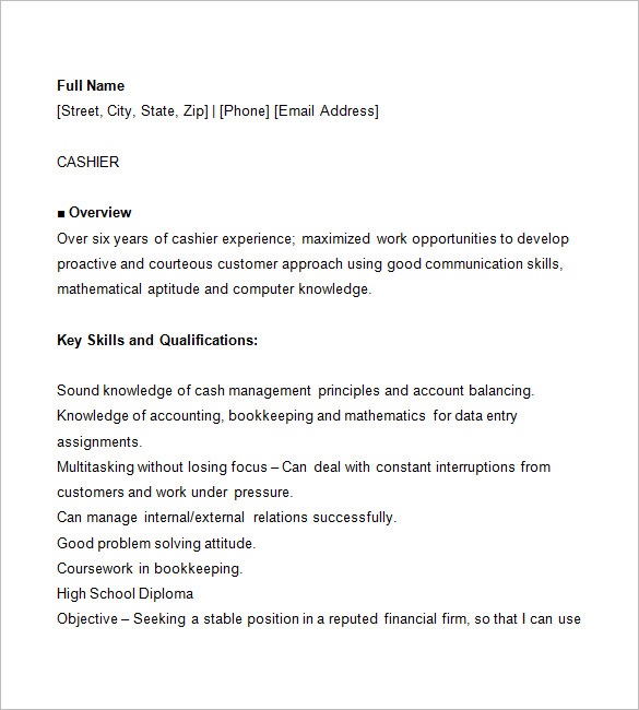 resume for cashier job