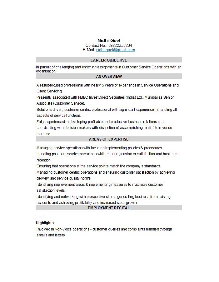 resume for customer service