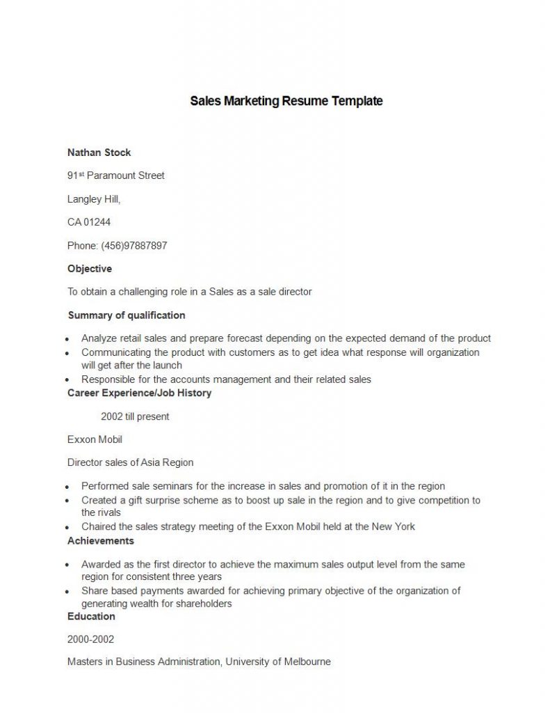 21 Perfect Marketing Resume Templates - Sales Marketing Resume Sample 791x1024 