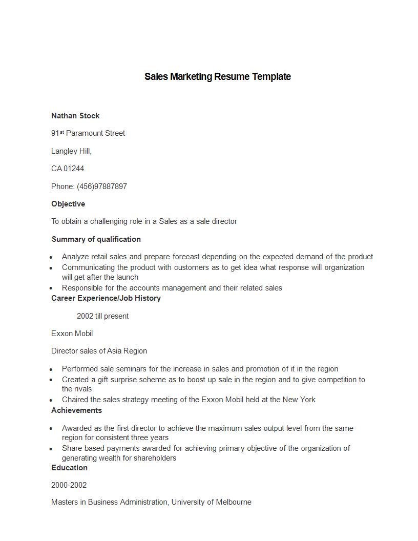 sales marketing resume sample