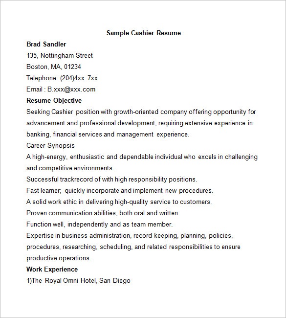 sample cashier resume