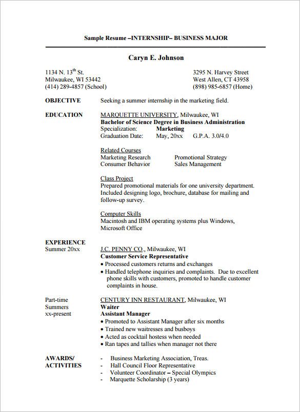 sample internship resume