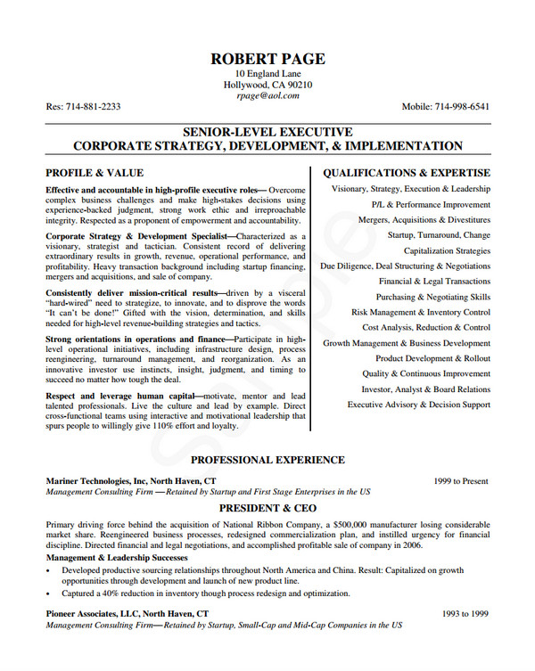 senior level executive resume samples