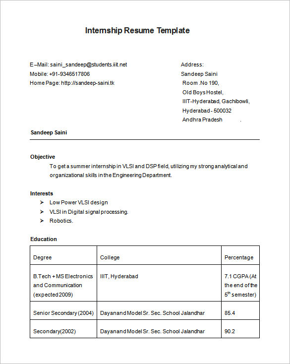 microsoft word internship resume template