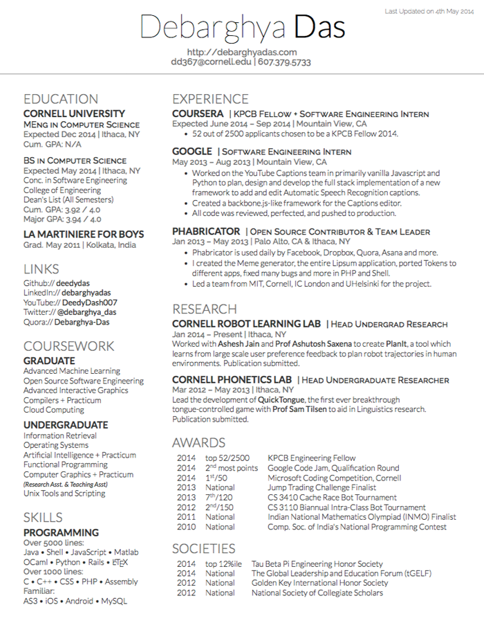 tabular form of cv