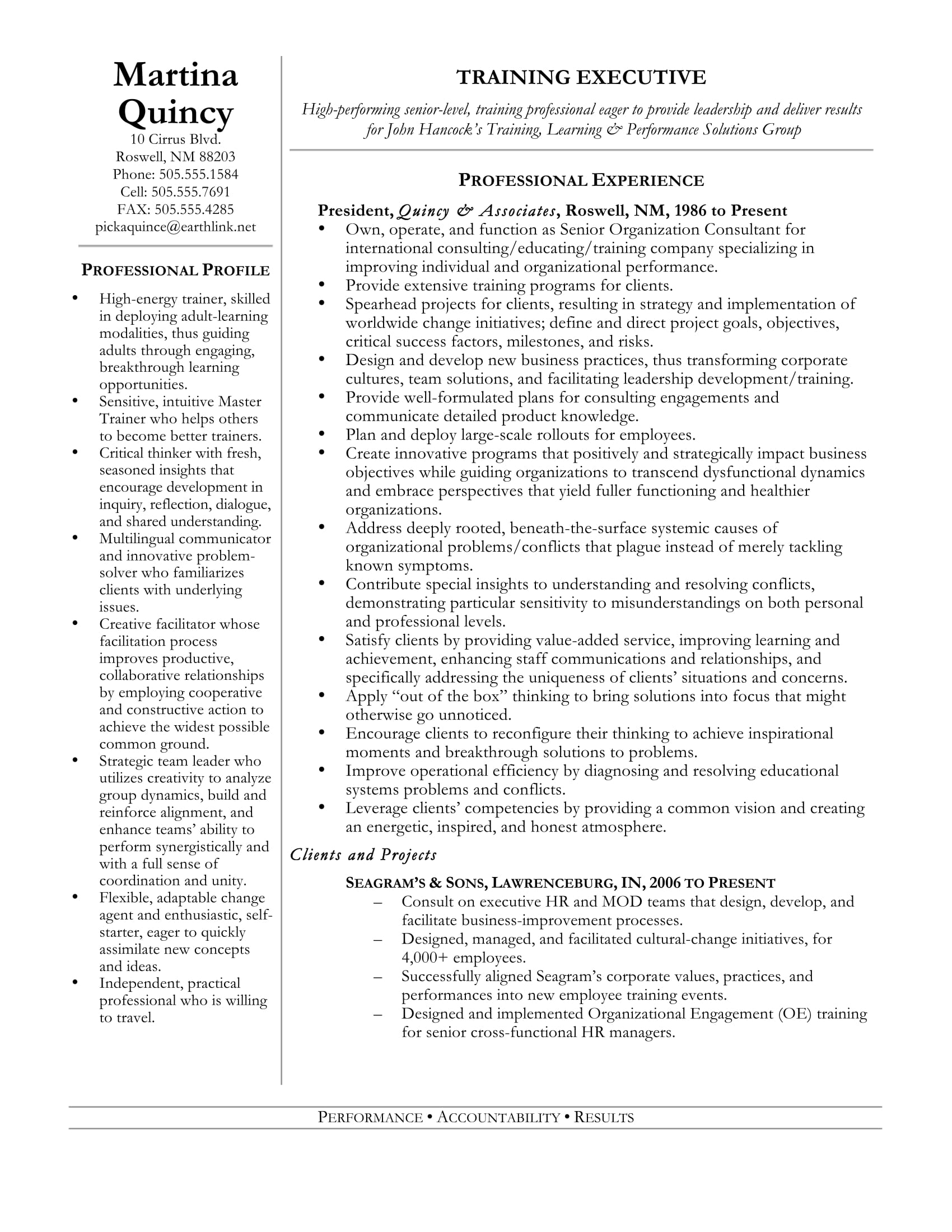 training executive resume